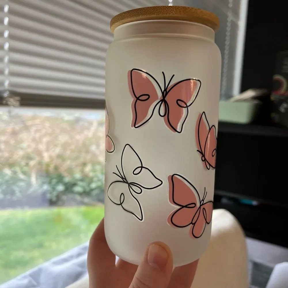 Butterfly Frosted Glass Cup with Bamboo Lid‎ NEW 16 oz